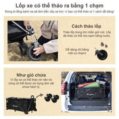 Xe kéo dã ngoại, ngoài trời, du lịch, cắm trại, picnic, đa năng bánh xe rộng có khóa cố định dung thích 230l gấp gọn