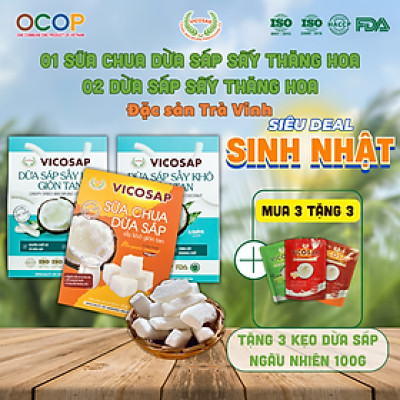 Combo 2 Dừa sáp sấy giòn 1 Sữa Chua dừa sáp sấy thăng hoa cao cấp Vicosap ít đường đồ ăn vặt healthy đặc sản Trà Vinh - Snack Food