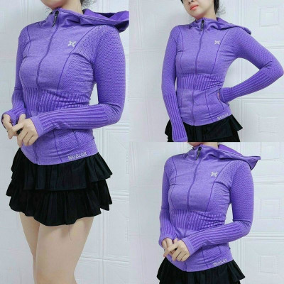 Áo khoác nữ vải thun dệt kim đi nắng, tập thể thao co giãn tốt, có nón 2 túi ngoài dây kéo