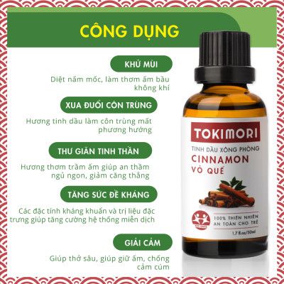 Tinh Dầu Vỏ Quế TOKI MORI Xuất Khẩu Nhật Bản (50ml) Nguyên Chất Thiên Nhiên, Xông Phòng, Khử Mùi, Kháng Khuẩn, Đuổi Muỗi, Ngủ Ngon, Giảm Stress, An Toàn Cho Trẻ.