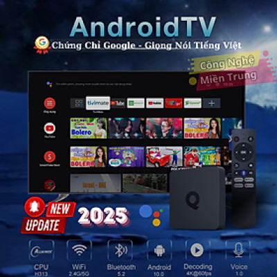 Android Tivi Box Q1 Qixi  - Ram 2G - Android TV 10 - Dual Wifi - Bluetooth - Netflix - Remote Tìm Kiếm Bằng Giọng Nói - Hàng Nhập Khẩu