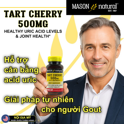 Tart Cherry 500mg Mason Natural Hộp 90 viên giảm acid uric gây Gout giúp khớp vận động linh hoạt