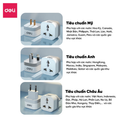 Phích Cắm Chuyển Đổi 3 Chân Sang 2 Chân, Ổ Cắm Tiêu Chuẩn Châu ÂU, Mỹ, Anh Dùng Đa Quốc Gia Du Lịch
