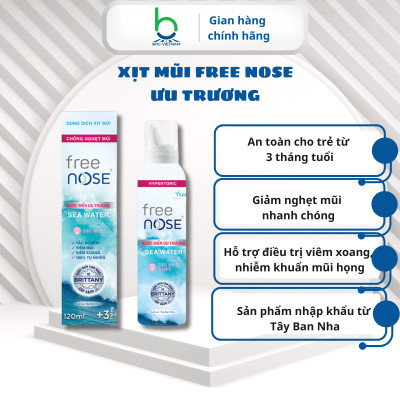 Xịt Mũi Free Nose Ưu Trương Hỗ Trợ Giảm Nghẹt Mũi, Chảy Nước Mũi Dành cho bé từ 3 tháng - Chai 120ml