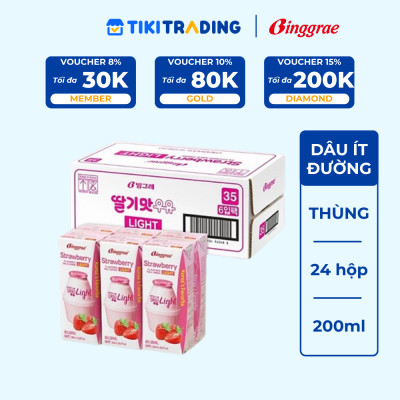 Thùng 24 hộp Sữa dâu ít đường 200ml nhãn hiệu Binggrae