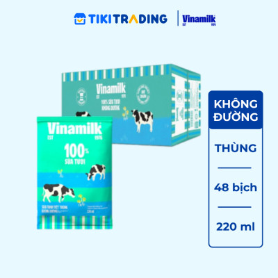 Thùng 48 Bịch Sữa Tươi Tiệt Trùng Vinamilk 100% Không Đường (220ml)
