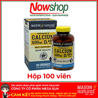 Calcium 600MG + D3 Mason Natural Hộp 100 viên tăng chiều cao xương răng chắc khỏe ngừa loãng xương